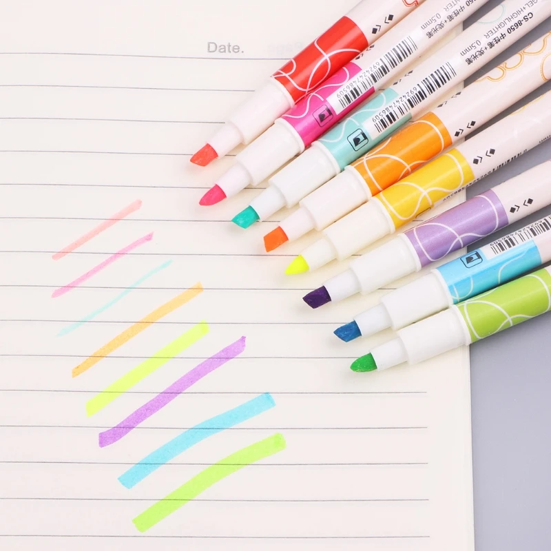 

W3JD 8Pcs Double Headed Drawing Mark Fluorescent Pen Cute Art Highlighter Stationer