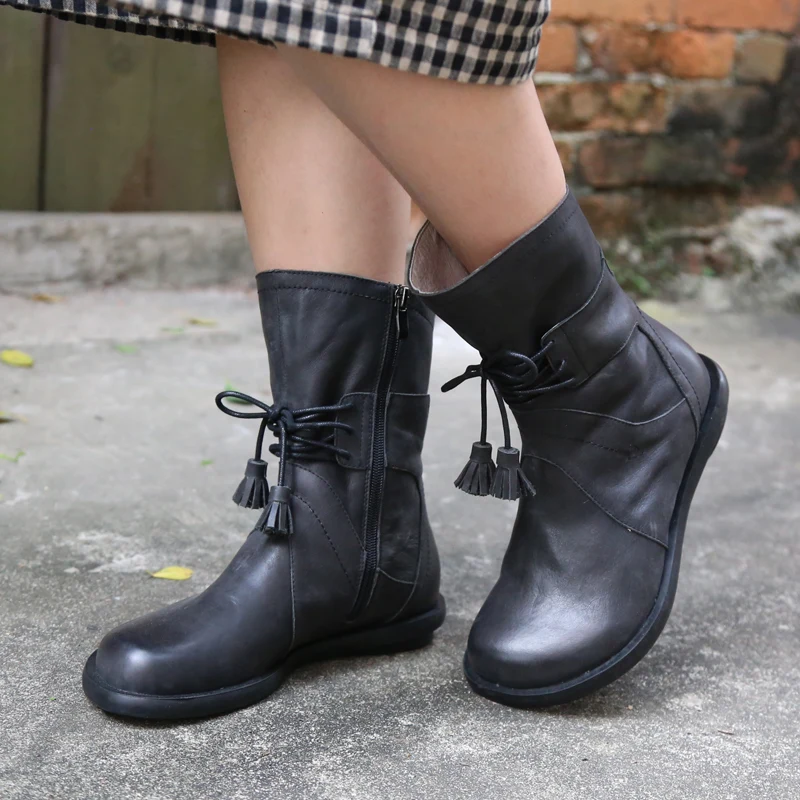 Original Handmade Genuine Leather Mid-calf Boots Round Toe Fringe Comfortable Women Black Large Suitable for Wide Feet | Обувь