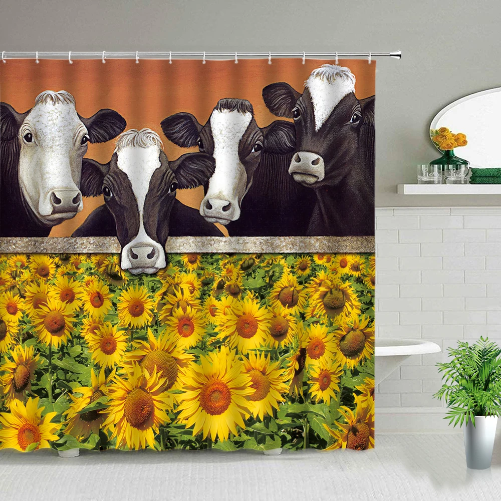 

Cartoons Animal Funny Cow Flower Shower Curtains Creative Farm Cattle Waterproof Polyester Bathroom Decor Curtain Set With Hooks
