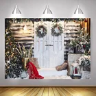Зимняя Рождественская фотография фон для фотостудии деревенская деревянная дверь Рождественская елка Снежный венок рождественские вечерние Портретные фотосессии