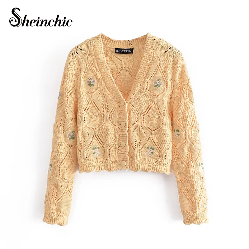 

Runway Designers Tops Mujer 2021 Casual Women V-neck Floral Embroidery Knitted Sweater Long Sleeve Cardigan Femme