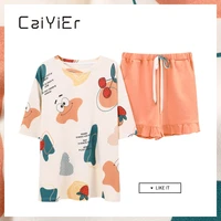 caiyier japanese summer women pajamas cotton girls cute cartoon sleepwear short sleeve shorts round neck lounge print nightwear