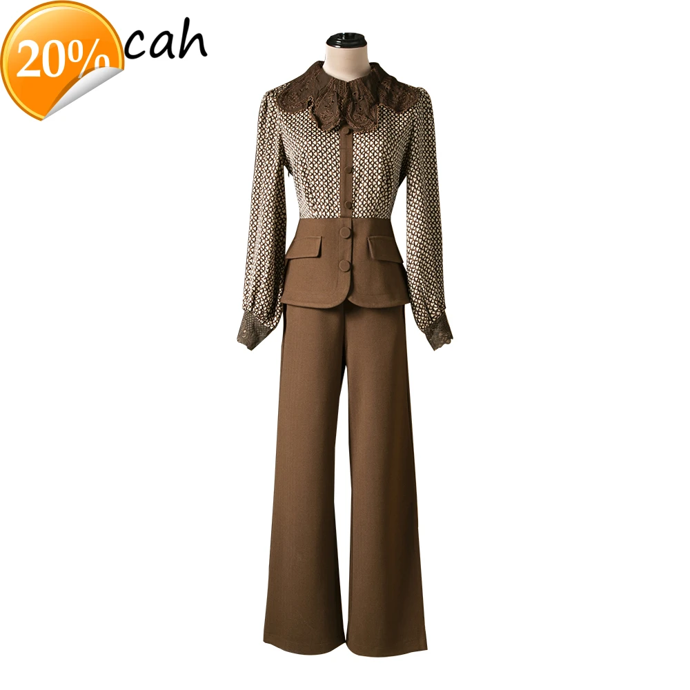 

Women Spring Fashion Designer Pants Set Lantern Shell Thin Blouses + High waist Printed Long Pants 2 Two pieces of