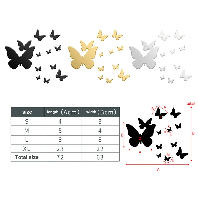 

Newly Mirror Butterfly Wall Sticker Self-Adhesive 1mm Butterfly Acrylic Wall Sticker