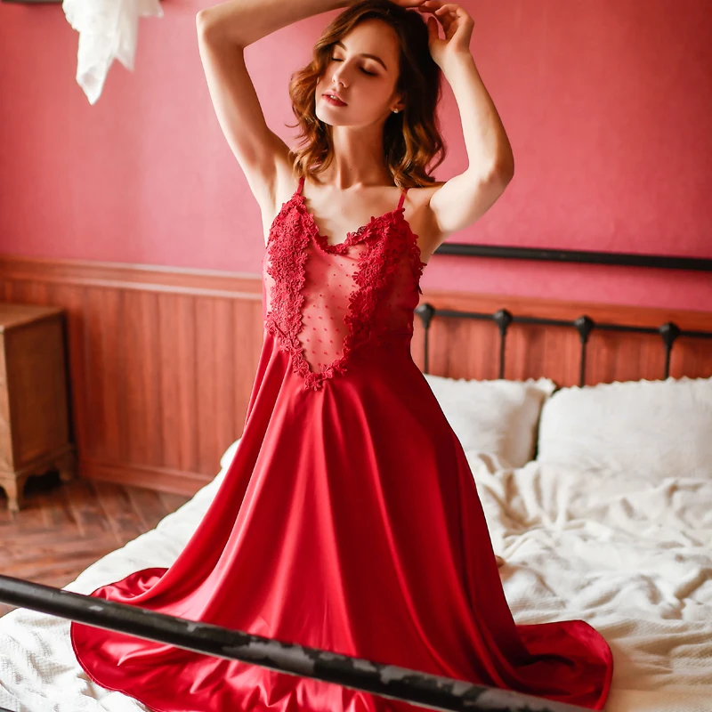 Sexy new red ice silk comfortable nightgown womans summer sling nightdress sleepwear
