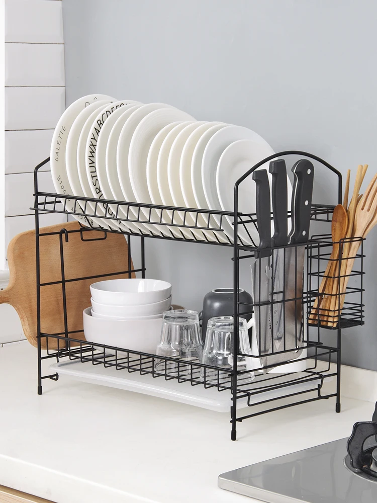 Железная Двухуровневая стойка для чашек, вертикальная дренажная стойка, съемная кухонная подставка для ножей, стойка для хранения разделоч...