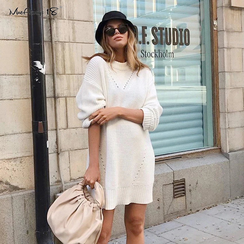 Mnealways18 повседневное белое вязаное платье пуловеры осень зима свитер женское