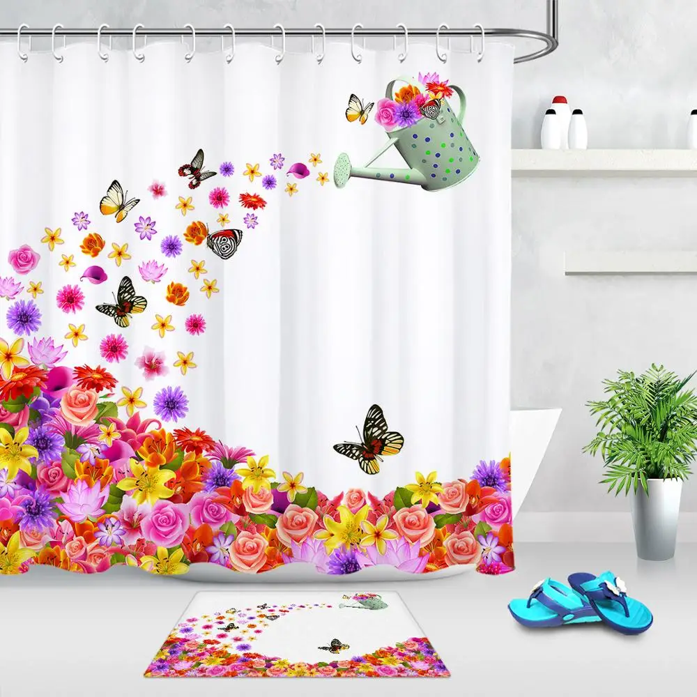 

Водонепроницаемая занавеска для душа из полиэстера, креативная занавеска для душа с цветами воды, розой, ткань с бабочками, нескользящий ко...