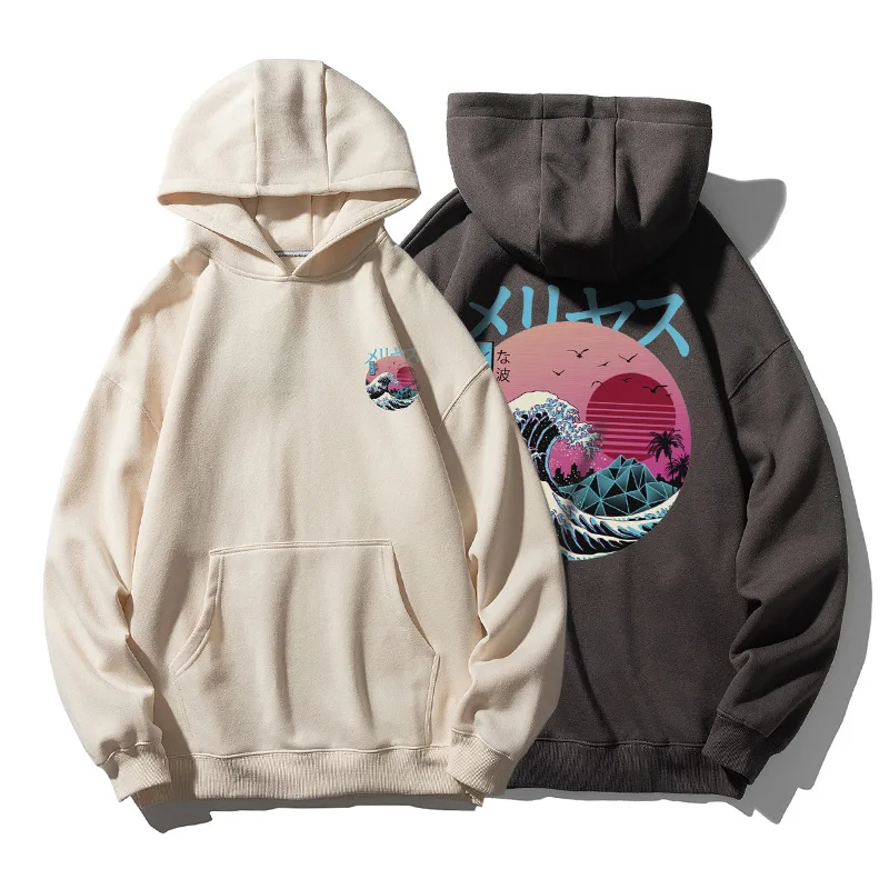 

Wave Print Men's Hoodies Men Winter Fleece Harajuku Japanese Streetwear Hip Hop Navy Blue Hoodie Men Sweatshirt Male