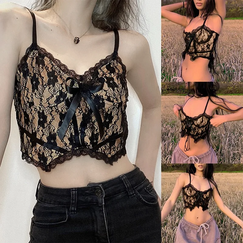 

Women's Fashion Sexy Lace Stitching Sling Short Vest Black