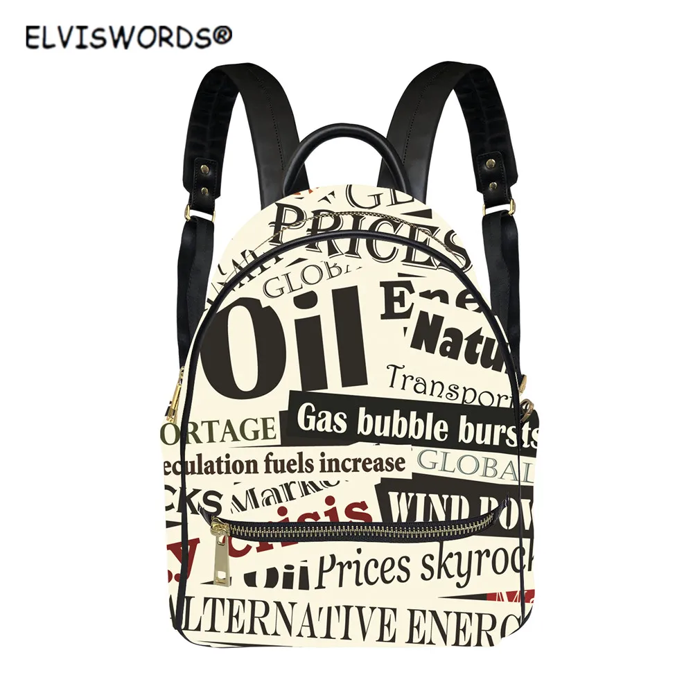

ELVISWORDS Women PU Backpack Casual Travel Bag Shoulder Vintage Newspaper Pattern Bags Large-capacity School Bag for Females