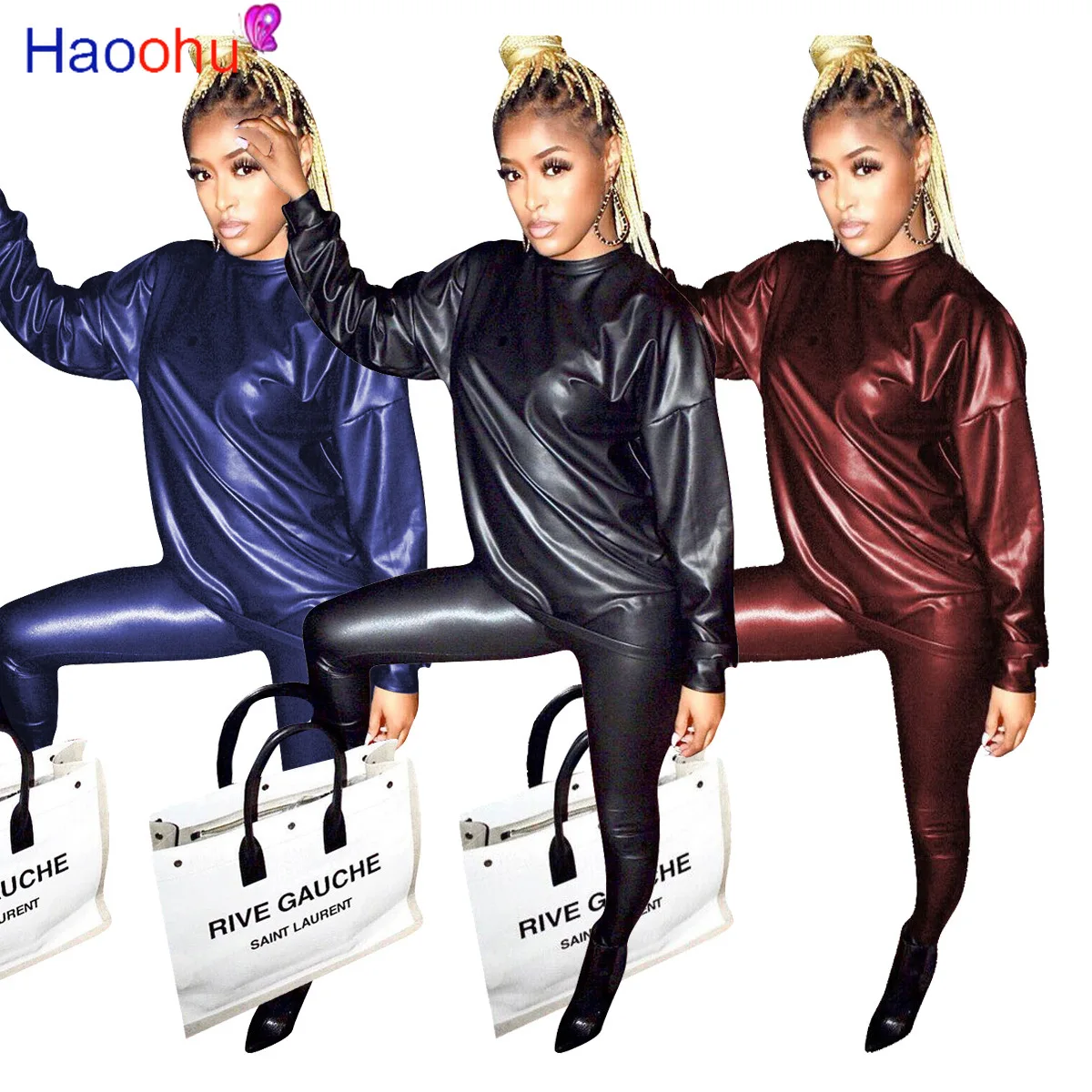 

HAOOHU Women Clothing PU Faux Leather Two Piece Set Tee Long Sleeve Top Leggings Jogger Pants Tracksuit Matching Sets Outfit