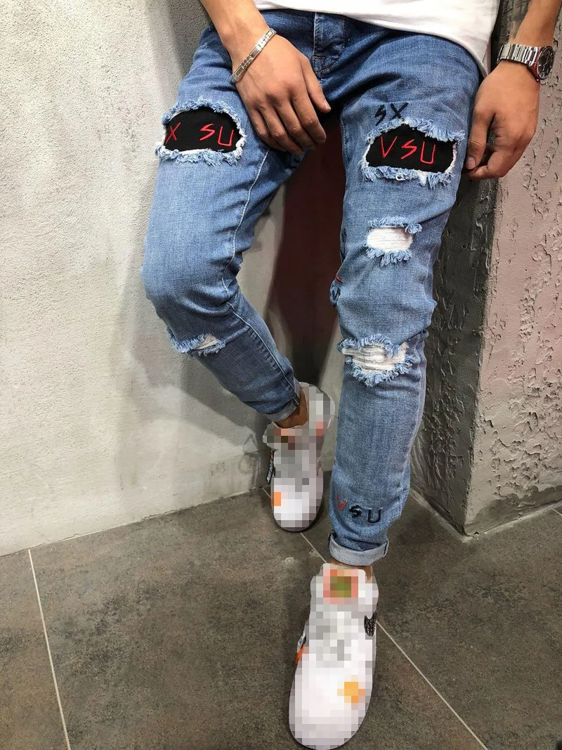 Men Jeans Fashion Letter Embroidery Stretch Destroyed Frayed Denim Pants Male Casual Skinny Blue Ripped Jeans Pantalones