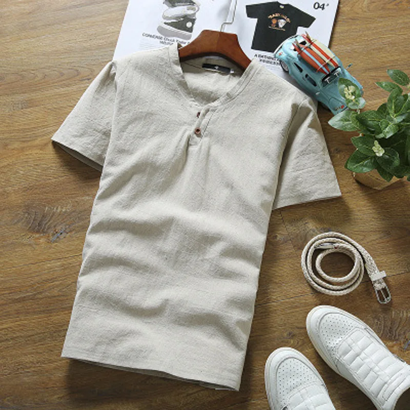 One t-shirt 4 Китайский стиль, летний мужской льняной костюм Тан, футболка с короткими рукавами и v-образным вырезом+ шорты, комплект одежды, дышащие восточные костюмы - Цвет: One t-shirt 4