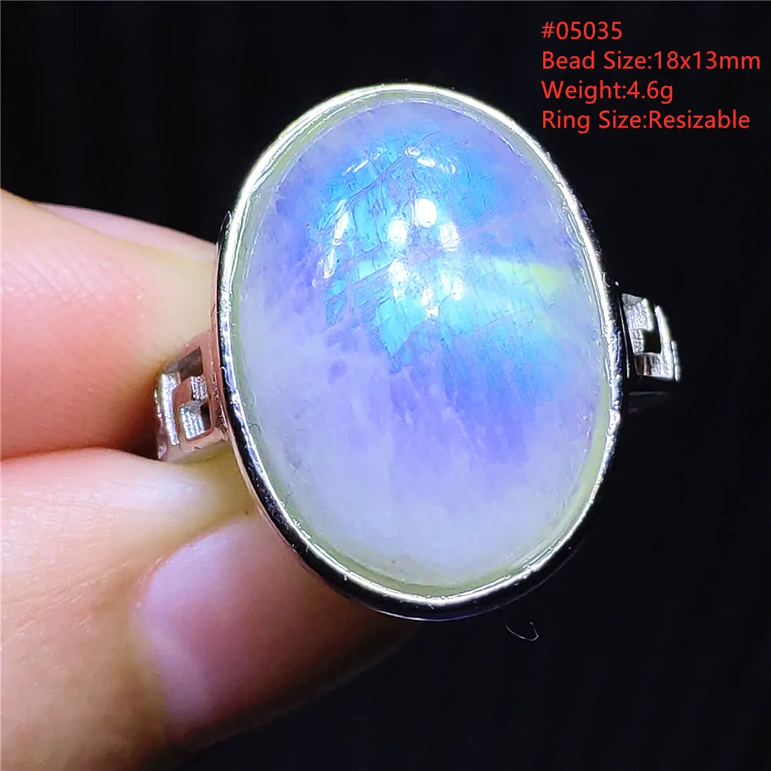 

Natural Blue Light Moonstone Ring Crystal Adjustable Size Big Bead Women 18x13mm 925 Silver Love Gift Fashion Ring AAAAA