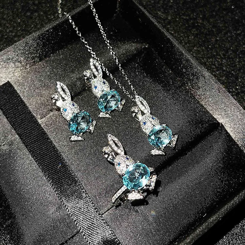 

New Silver Little Cute Rabbit Jewelry Set Pave CZ Sky Blue Topaz Rabbit Pendant Necklace Bunny Stud Earrings Ring for Women