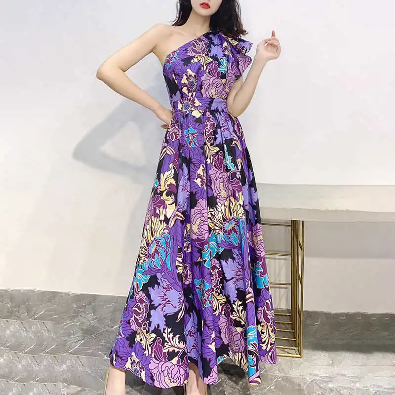 

Hit Color Midi Dresses For Women Diagonal Collar Short Sleeve One Shoulder Off High Waist Print Dress Female Summer