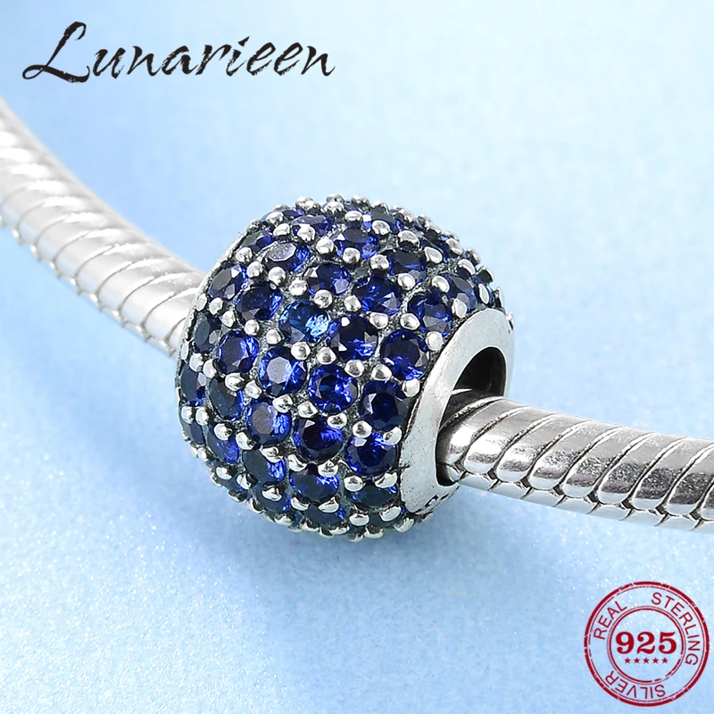 925 Стерлинговое серебро Модный блестящий цирконовый королевский синий творческий DIY круглые бусины Подходит для оригинального европейского подвесного браслета Изготовление ювелирных украшений.