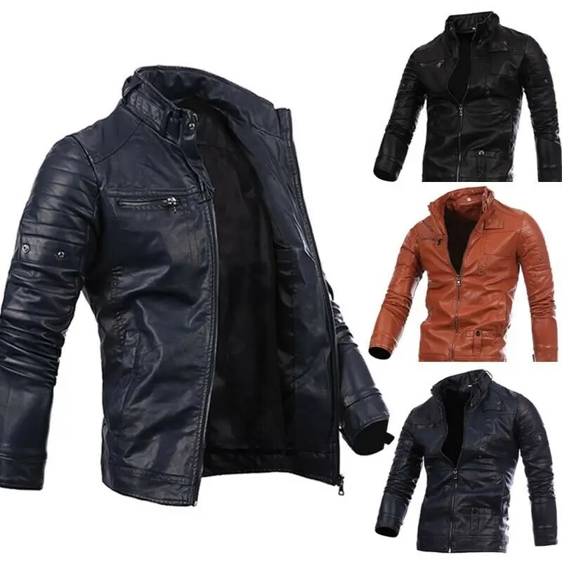 

Men PU Leather Jacket Biker Black Motorcycle Slim Zipper Coat Outwear Retro