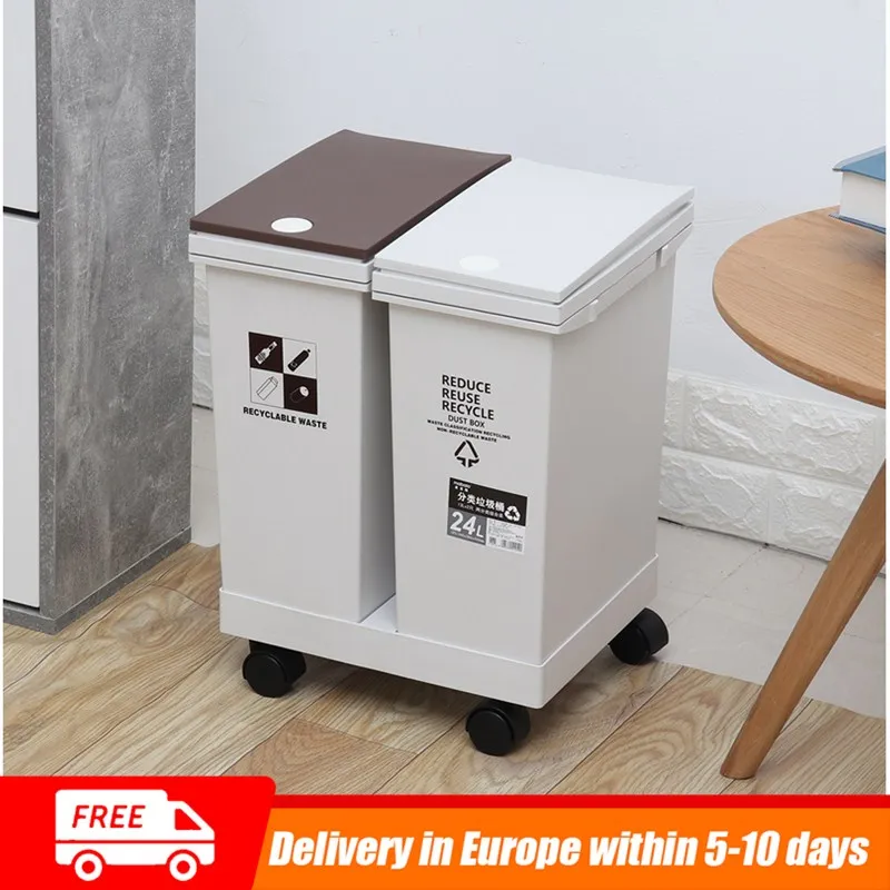 

Kitchen Sorting Push-Button Waste Bin Corner Garbage Bucket Floor Standing Wet Dry Sorted Trash Can With Wheels 24/36L