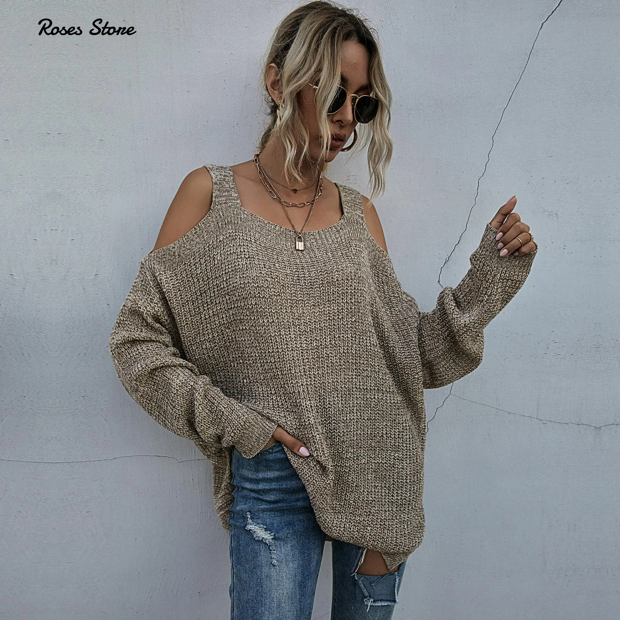 Women's Autumn Loose Lightweight Off Shoulder Sweater Khaki Pullovers Fashion Clothes Female Tops Streetwear Spring Y2K Jumpers | Женская