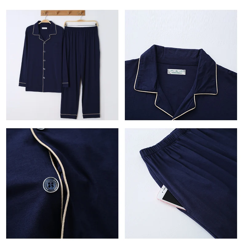 Spring Solid Modal Sleepwear Men Summer Long Sleeves Home Clothes Button-Down Pajamas Set Men Blue Nightwear PJs Pijamas Homme