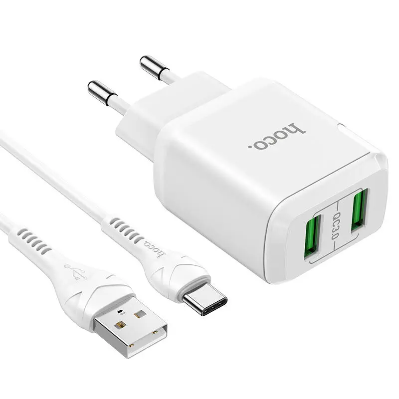 Сетевое зарядное устройство Hoco N6 Charmer два USB 3A выход EU штекер набор с кабелем Type-C