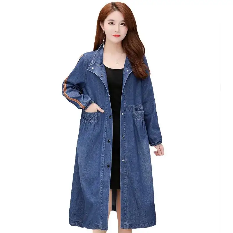 

Denim Trench Coat Women's Mid-Long Spring Autumn Cowgirl Outerwear 2023 Loose Fashion Polo Collar Windbreakers 4XL Coat Female