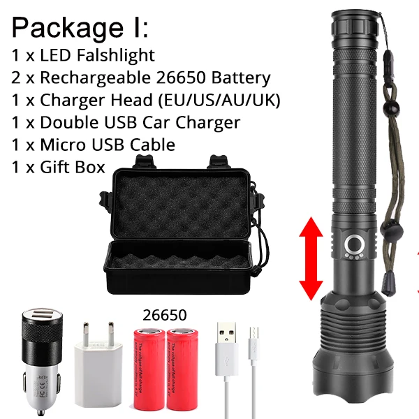 Тактический XHP70.2 светодиодный фонарик самый мощный XLamp XHP50 Перезаряжаемый USB Zoom фонарь XHP70 18650 26650 охотничий фонарь для самозащиты - Испускаемый цвет: Package I