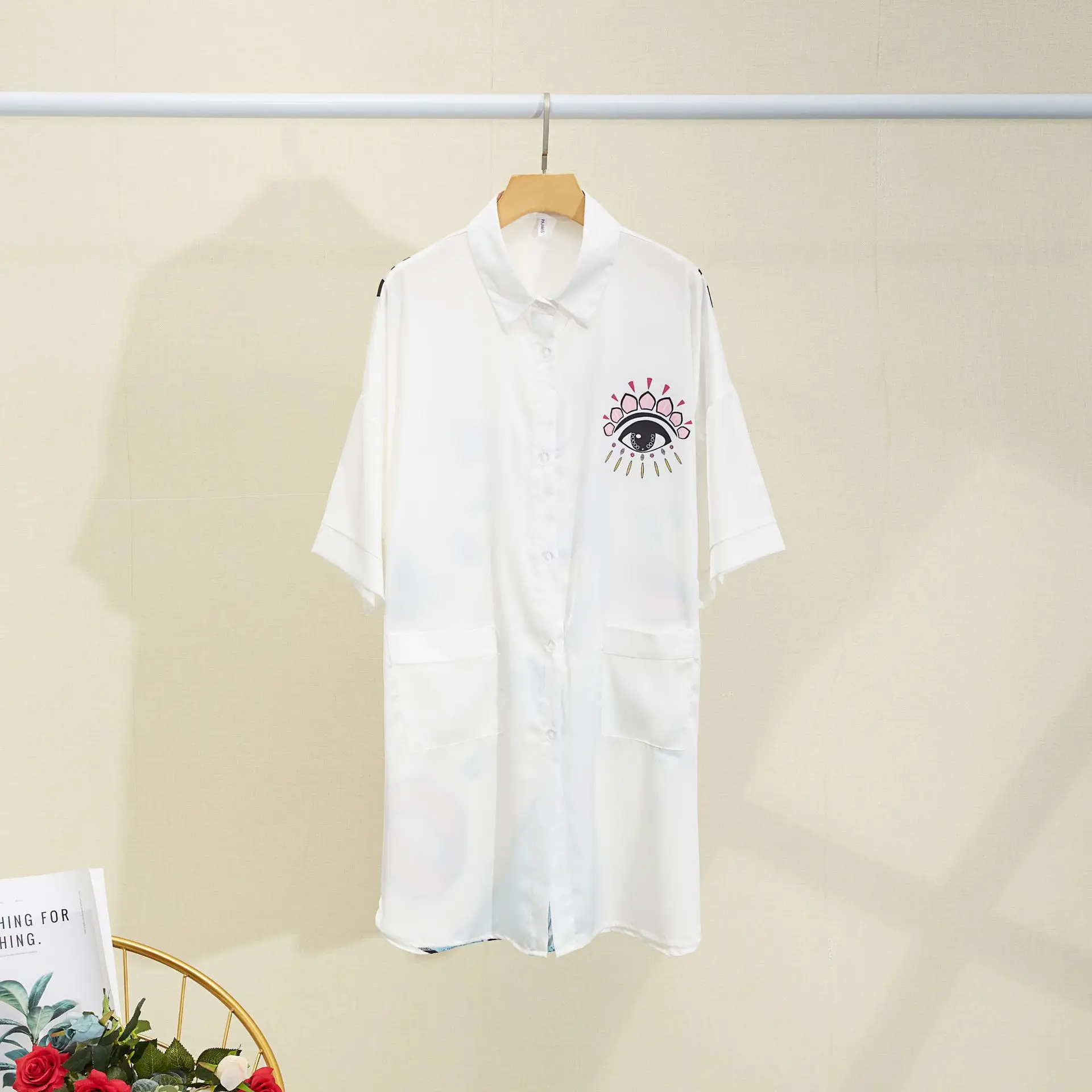 

Sexy White Print Women Sleepwear Nightdress Intimate Lingerie Sleepshirt Home Clothing Half Sleeve Nightgown Short Home Dressing