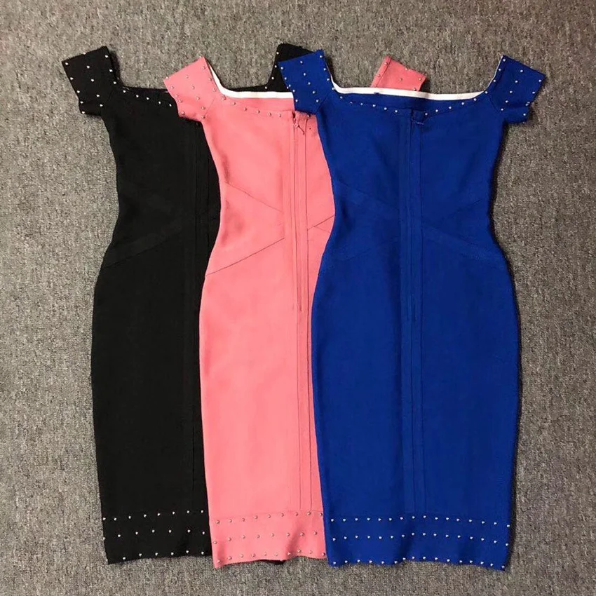 

Bevenccel Short Sleeve Summer Bandage Dress Women 2020 Sexy Slash Neck Beads Bodycon Runway Party Dress Vestidos Club Dress