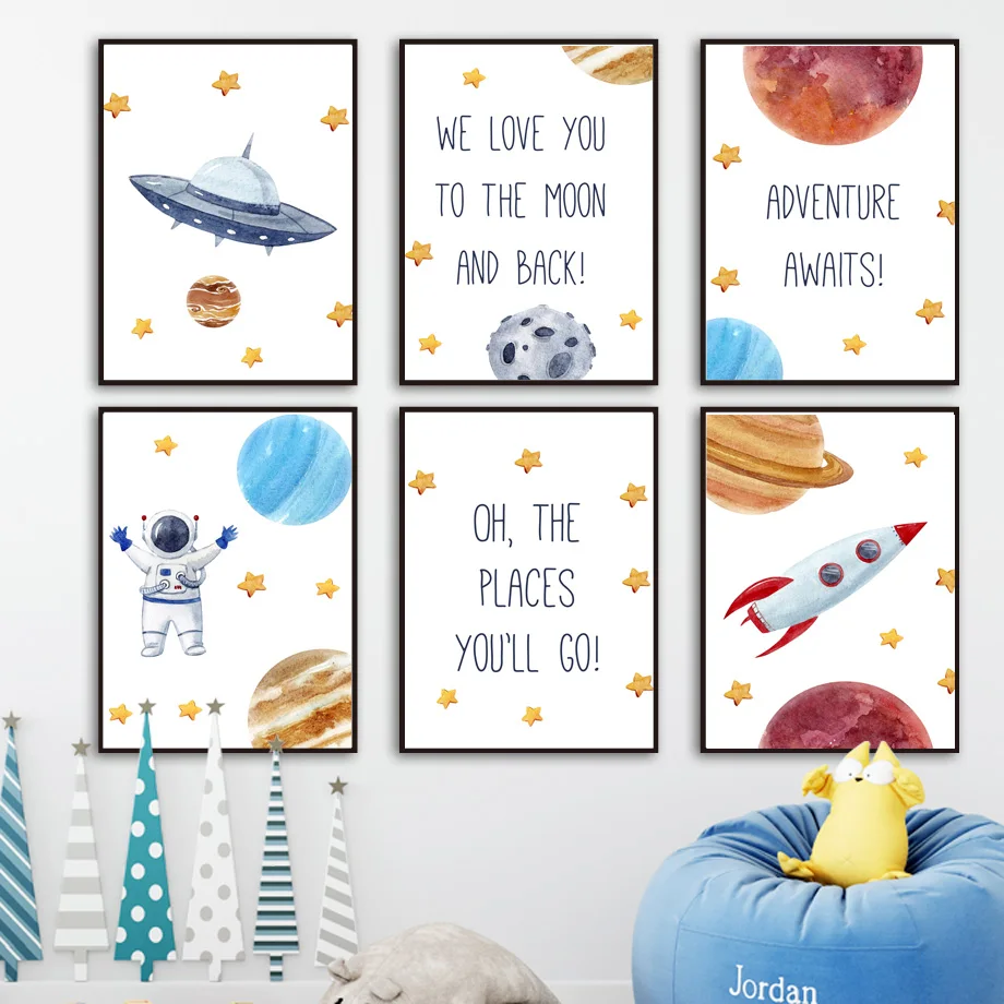 

Planet Astronaut Rocket motivational Quote Wall Art Canvas Painting Nordic Posters And Prints Wall Pictures Kids Room Home Decor