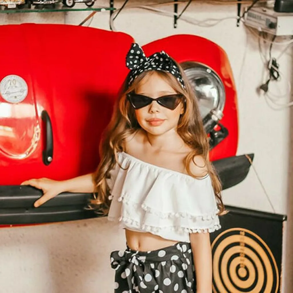 Лидер продаж модный детский комплект для девочек топ с помпоном штаны в горошек