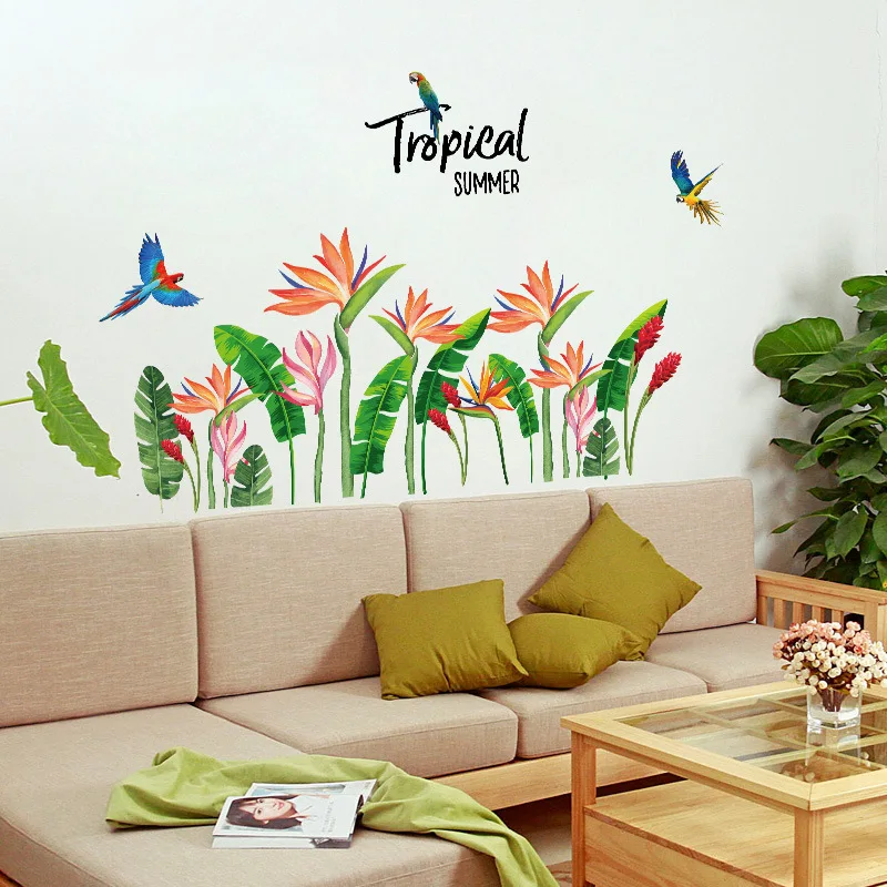 

Nordic Fresh Green Leaves Flowers Bird Wall Sticker Tropical Plant Decal Entrance Dining Room Living Room Study Home Decor Mural