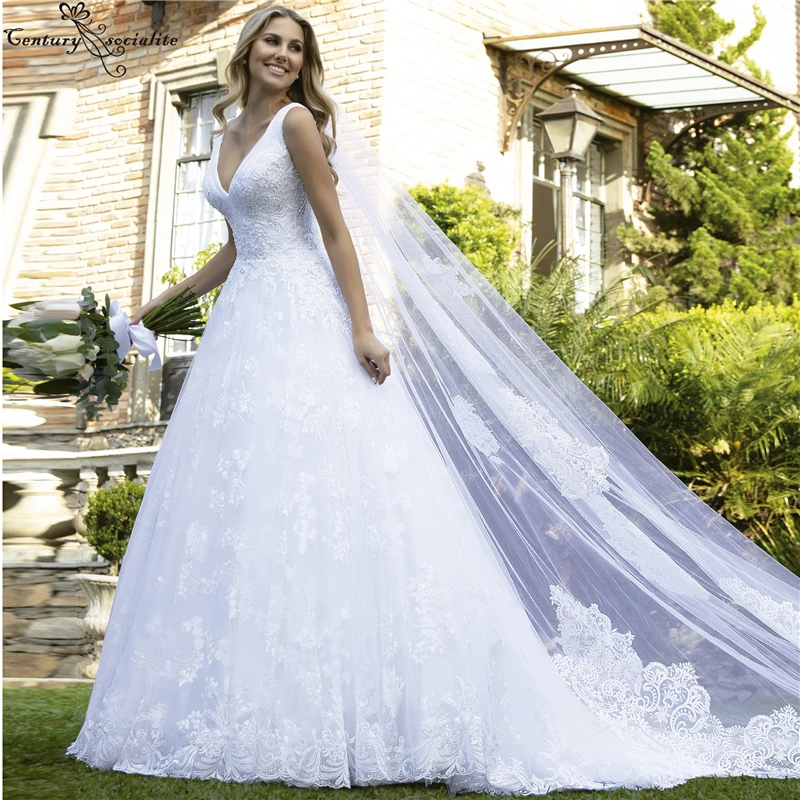 

White Princess Wedding Gowns for Bride 2021 Lace Appliques Beaded Luxury Bridal Gowns Vintage Marriage Dresses Robe De Mariee