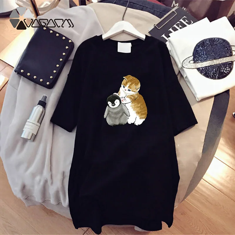 

Women Dress Kawaii Cartoon Cat Dog Print Summer Harajuku Short Sleeve Loose Mini Vestidos Party Oversize Casual Tshirt Dresses