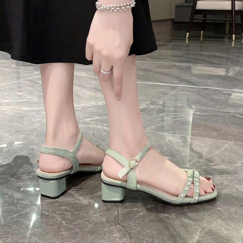 

Pearl Sandals Fashion Womens Shoes 2021 Clear Heels Med Open Toe Suit Female Beige Buckle Strap Luxury Comfort Sexy Girls Medium