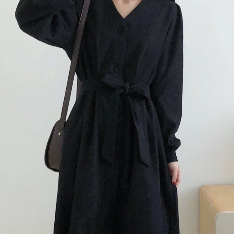 

Women Long Sleeve Dress Vintage Autumn Solid Ulzzang Student Elegant High Quality Loose Slim Belt V-neck All-match Streetwear