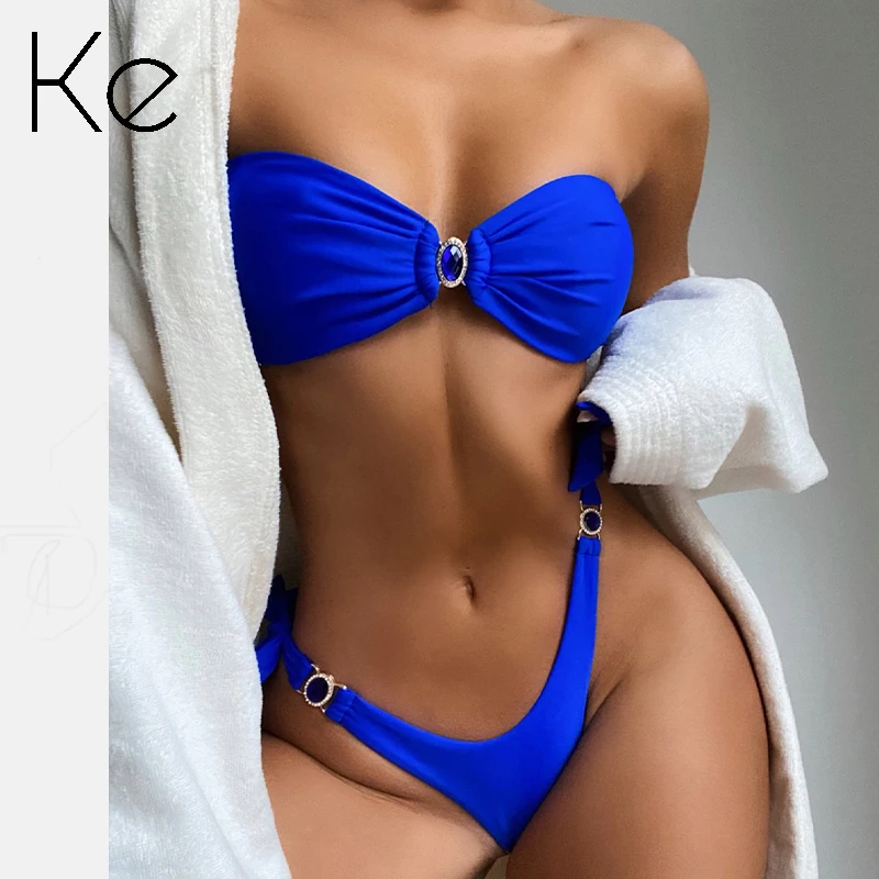 

Ke 2021 Ins tube top gathered blue diamond bikini foreign trade swimsuit bikini sexy split swimwear