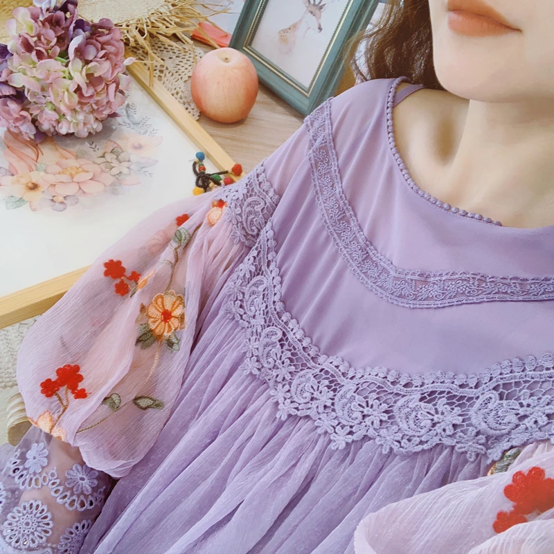 Original Design AIGYPTOS Spring Women Sweet Elegant Purple Blouses Ladies Vintage Embroidery Lantern Sleeve Lace Chiffon Shirts | Женская