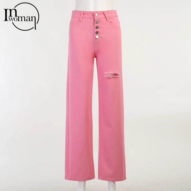 

Inwoman Women Bodycon Pink Long Jeans woman Fashion Patchwork Aesthetic Pants Jeans for women High Waist jeans Denim Maxi Jeans