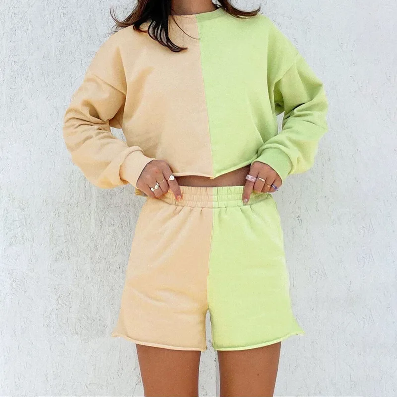 

2 Pcs Women Casual Outfits Adults Color Block Long Sleeve Round Neck Crop Tops + Shorts