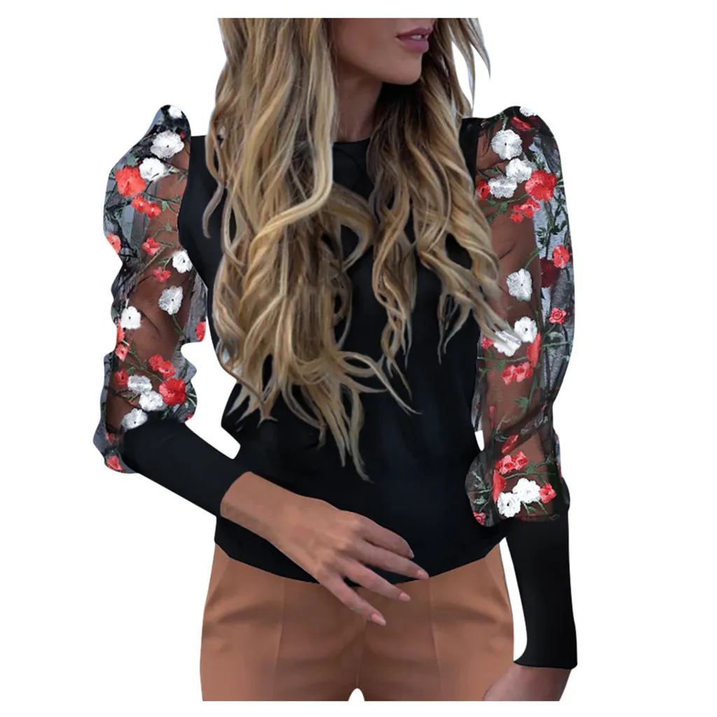 Женская сетчатая прозрачная блузка с цветочной вышивкой Топ длинным рукавом