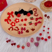 new year red series japan and south korea autumn and winter retro festival wedding bright red small exquisite earrings for women