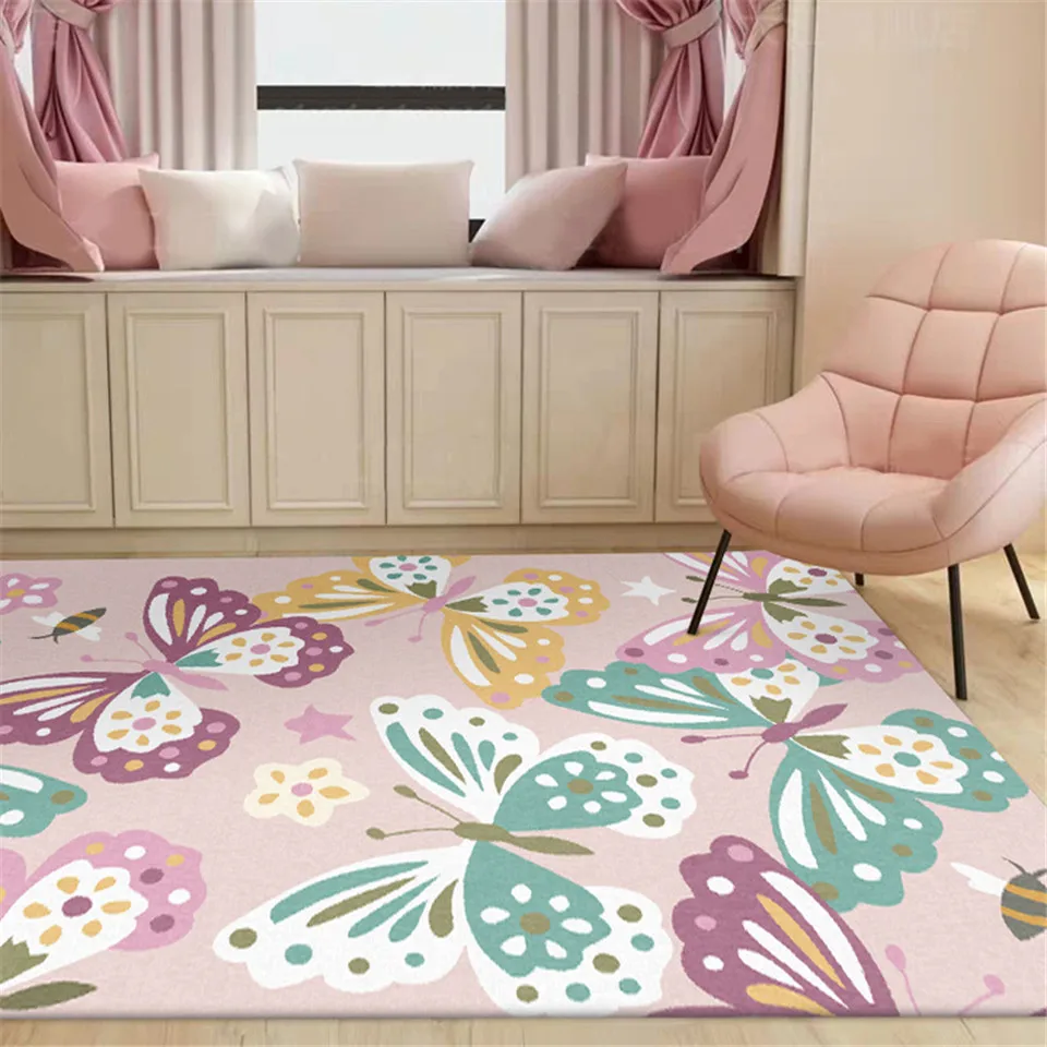 

Cartoon Girl Carpet Kids Room Pink Butterfly Pattern Badroom Rug Sweet Princess Style Beside Mat Children Play Carpet