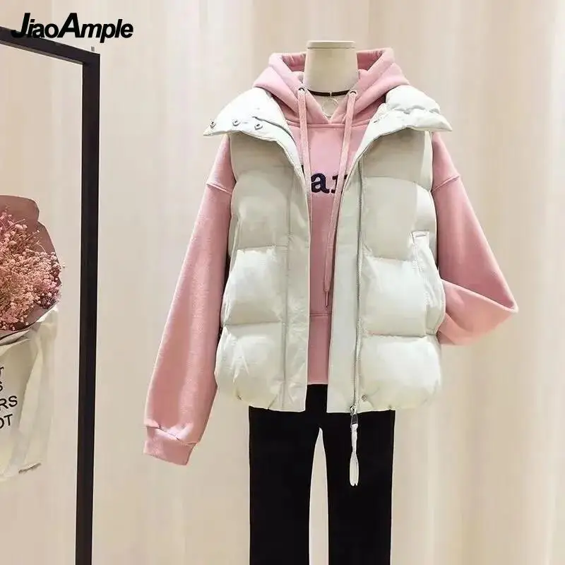 

Women's Autumn Winter Cotton Jacket Vest Korean Fashion Simple Joker Solid Black Zipper Sleeveless Coats Lady Casual Outerwear