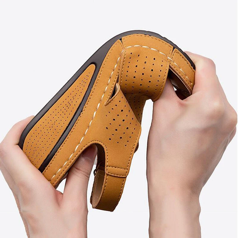 

2021 Summer New Style Women's Pu Leather Wedges Heel Fashion Sandals Hollow Platform Sandalis Mujer Piel Large Size 43 Shoes