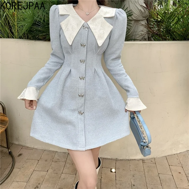 

Korejpaa Casual Women Dress 2021 Autumn Korean Sweet Puff Sleeve Chic Turn-down Collar High Waist Pleated A-line Dresses Femme