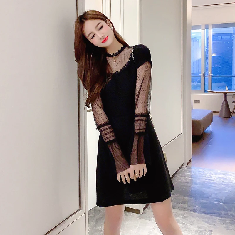 

Women Patchwork Mesh Dress 2020 New Sping Winter Long Sleeve High Waist Dress Fashion Dresses
