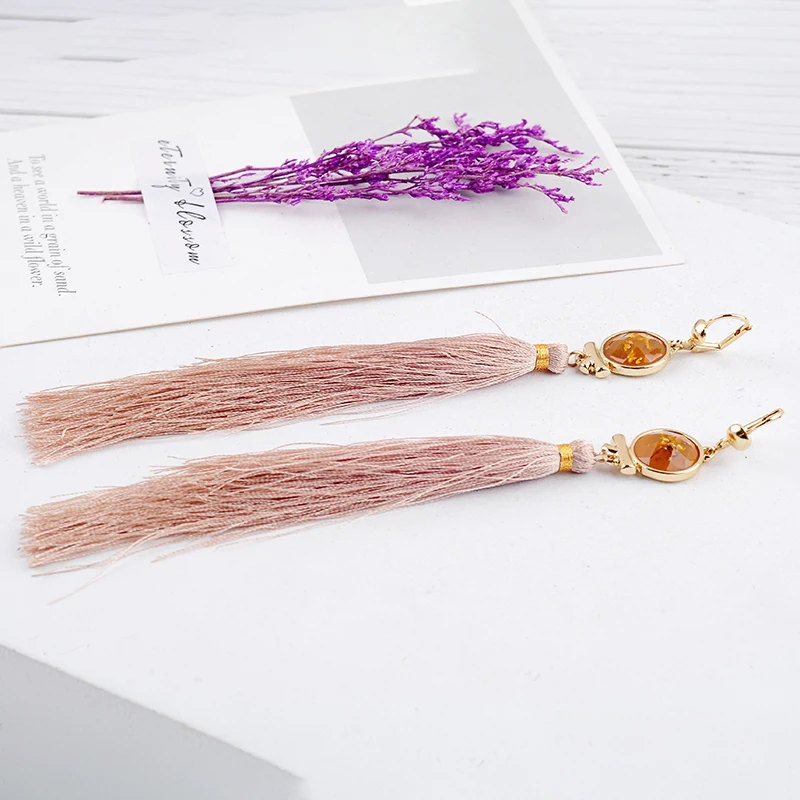 Круглые серьги ручной работы из смолы с драгоценными камнями длинные кисточками